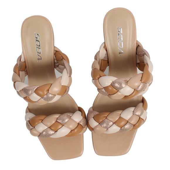 Dark Nude Multicolor Braided Open Toe Double Strap Stacked Heels - Picture 4 of 5